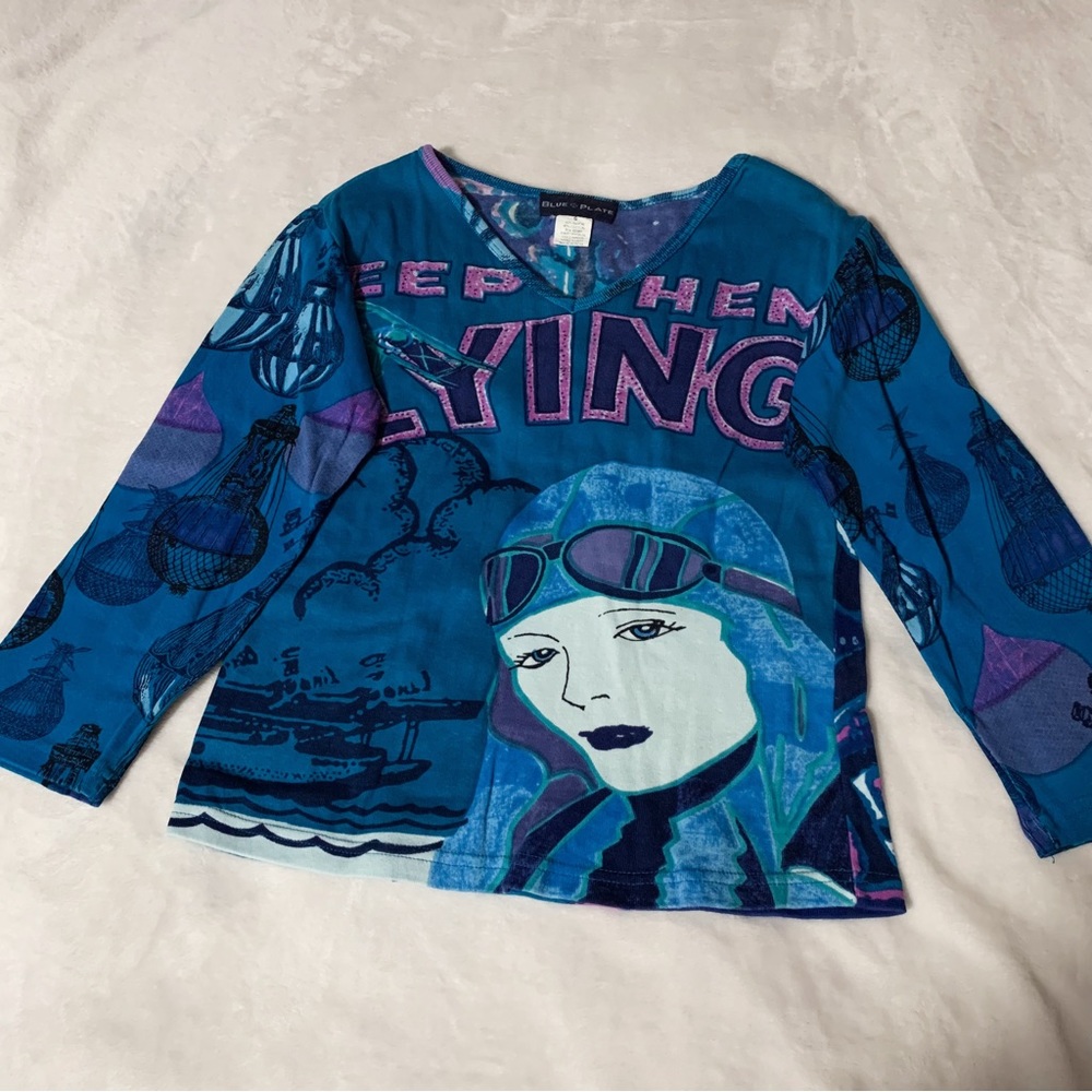 Long Sleeve 3/4 Purple and Blue Art Top Y2K